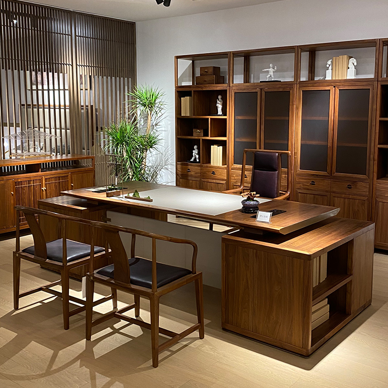 New Chinese Black Hu Peach Wood Large Bandai Solid Wood Desk President Boss Table Chairman Desk Chair Combination