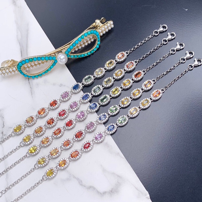 Natural Sri Lankan Colored Sapphire 925 Silver Bracelet Natural Sapphire Royal Blue Silver Chain Pink Sapphire