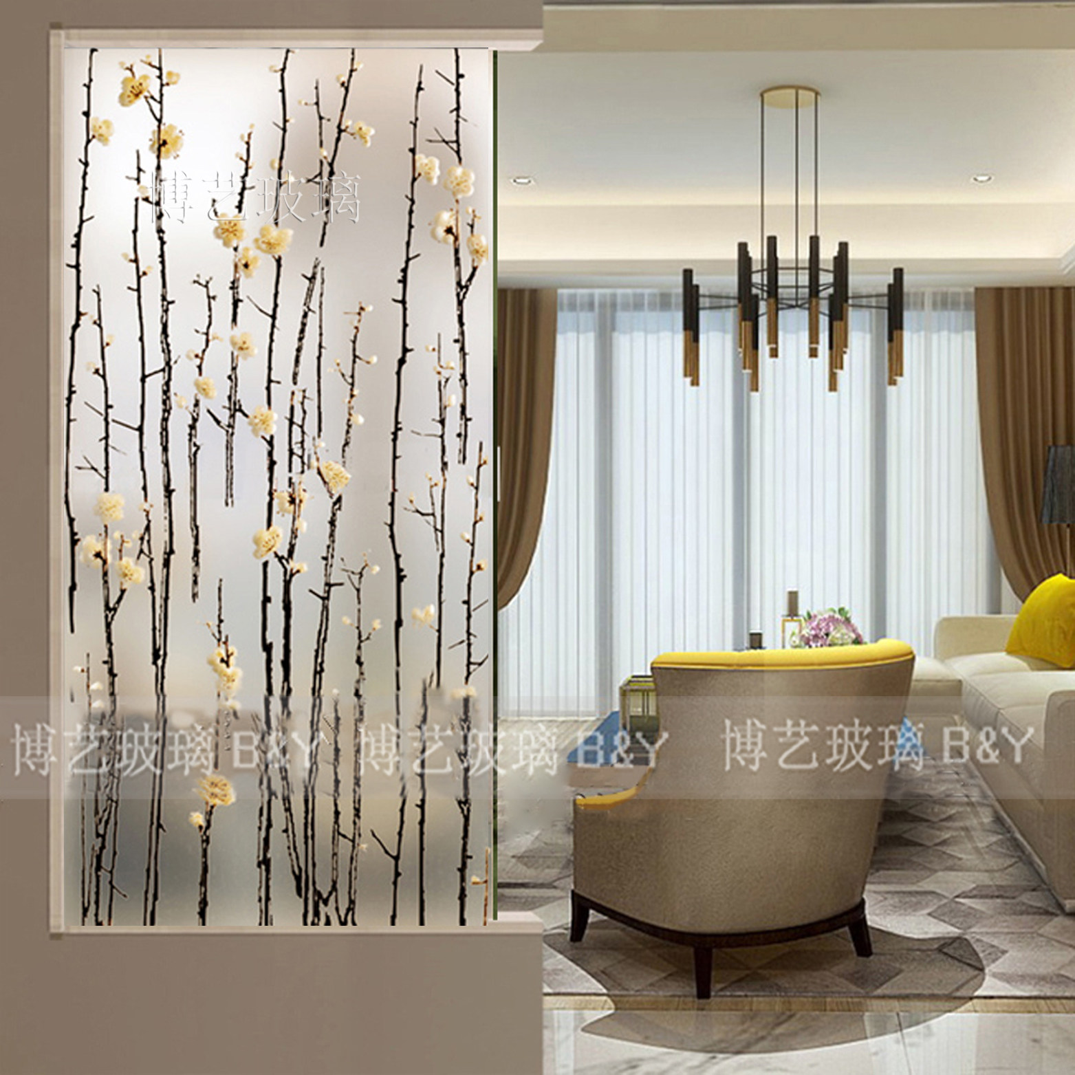 Shanghai Art Glass Xuanguan Background Wall Partition Screen Simple Plum Blossom New Chinese Modern Engraving