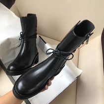 ANN leather martin boots women's 2019 autumn new Joker English style black handsome boots spring and autumn boots