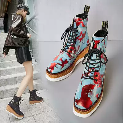 Hong Kong muffin thick-bottom Martin boots women autumn and winter 2021 new leather straw heeled short boots color tie-up heel