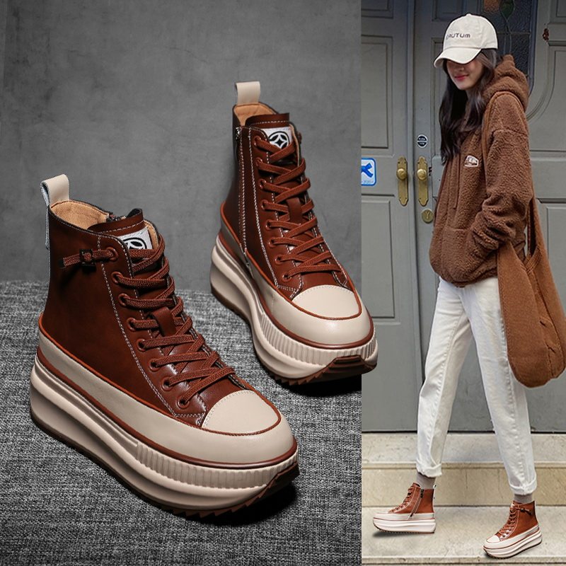 Hong Kong thick-bottomed sponge cake to increase the height of casual Martin boots Korean version of high-top shoes 2022 autumn plus velvet autumn women's shoes trend