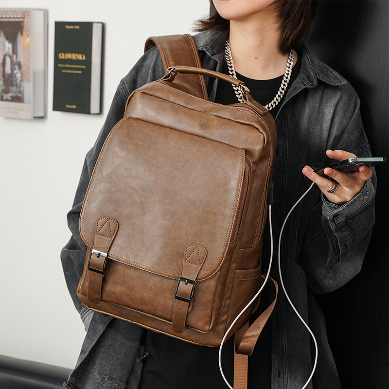 2022 new Korean version Men's pack trendy double shoulder computer bag Leisure Shoulder Bag Retro Large-capacity Youth Student School Bag