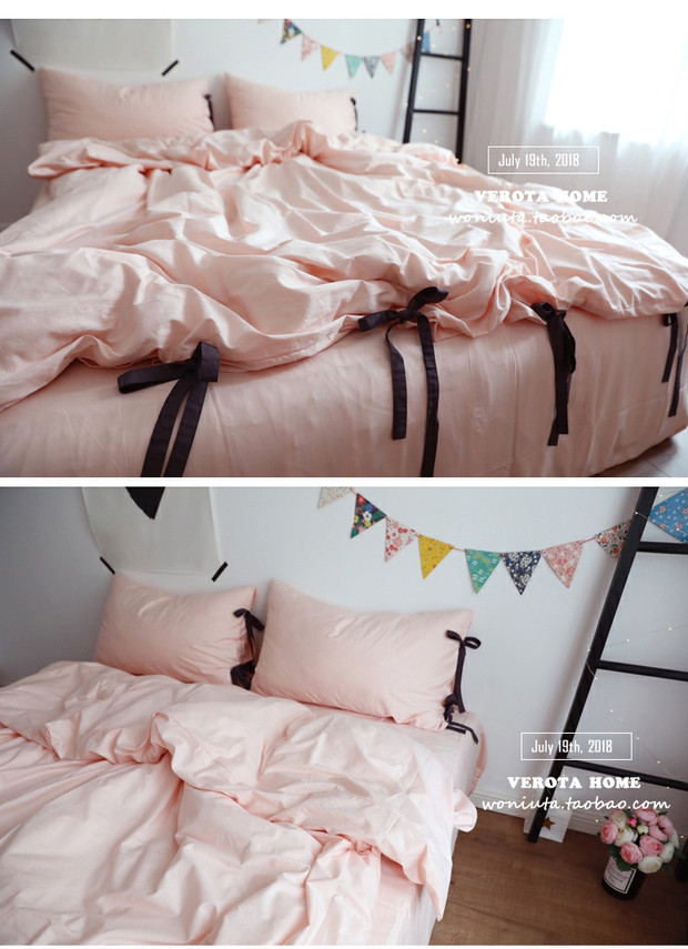 [Tháp] ốc màu hồng cộng với Ruffles xám dây đeo trang trí bông trang bị tấm gia đình bốn - Bộ đồ giường bốn mảnh chăn ga gối đệm giá rẻ