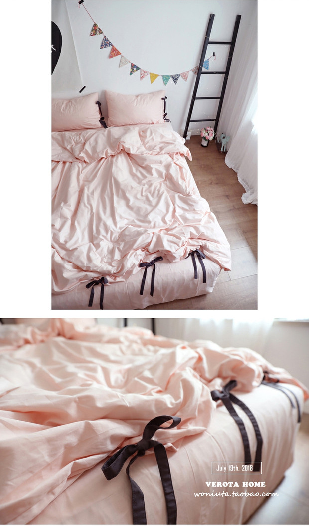 [Tháp] ốc màu hồng cộng với Ruffles xám dây đeo trang trí bông trang bị tấm gia đình bốn - Bộ đồ giường bốn mảnh chăn ga gối đệm giá rẻ