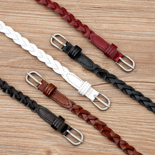 100% Pure Cowhide + Super Soft and Versatile]Genuine Leather Woven Thin Belt for Women, Narrow Belt for Women to Wear with Skirts
