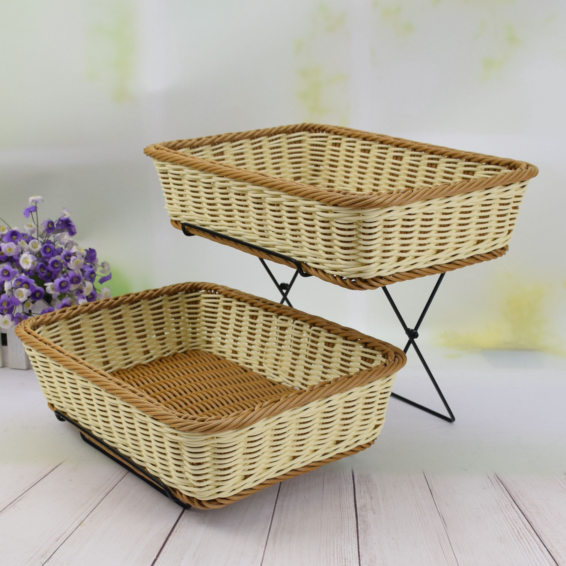 Creative Double Bread Water Fruit Basket Vines Chetto Blue Plastic Imitation Vine Woven Fruit Basket Drain Fruit Basket Snack Containing Basket
