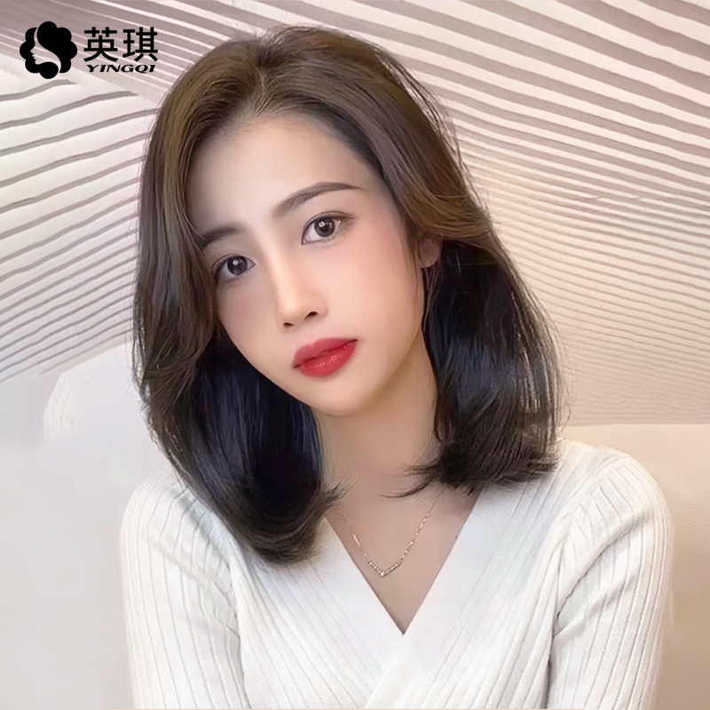 Yingqi Wig for Women, Medium-Length Hair with Side-Parted Bangs, Naturally Fluffy Collarbone-Length Hair, Real Human Hair, Korean-Style Hairstyle, Full Wig