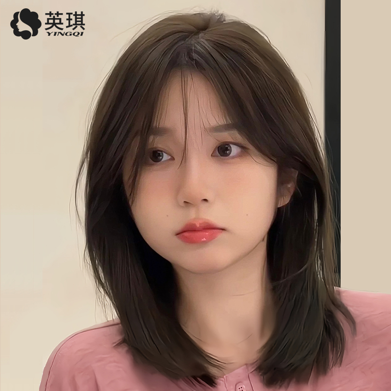 Yingqi Wig for Women, Long Hair, Real Human Hair, Air Bangs, Collarbone Length, Natural Full Head Wig, Short Hair