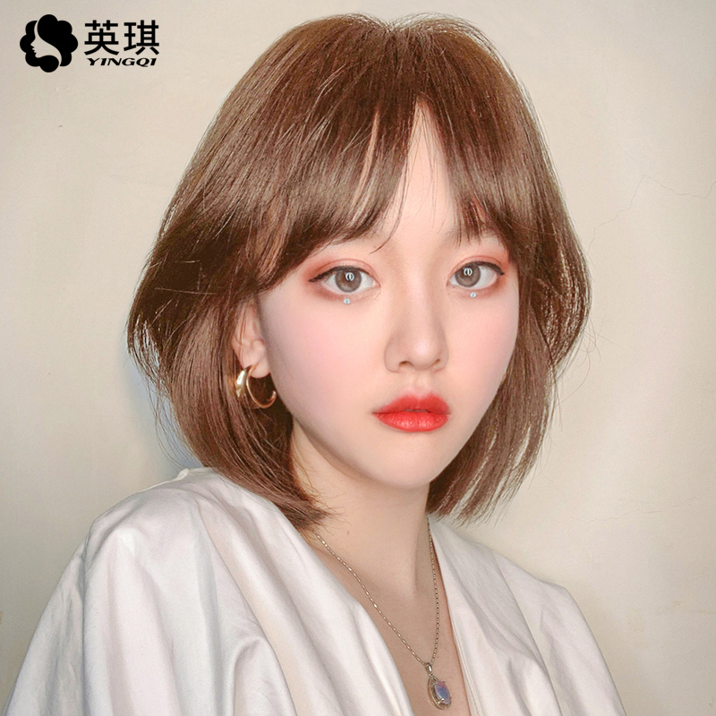 Yingqi Wig for Women with Air Bangs, Bob Hairstyle, Real Human Hair, Full Lace Wig, Double Needle Bobo Short Straight Hair