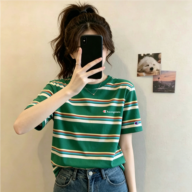 Japanese Champion Green Retro Striped Short-Sleeve T-Shirt for Women, Summer 2026 New Style, Loose and Versatile, Round Neck, Regular Shoulder Top