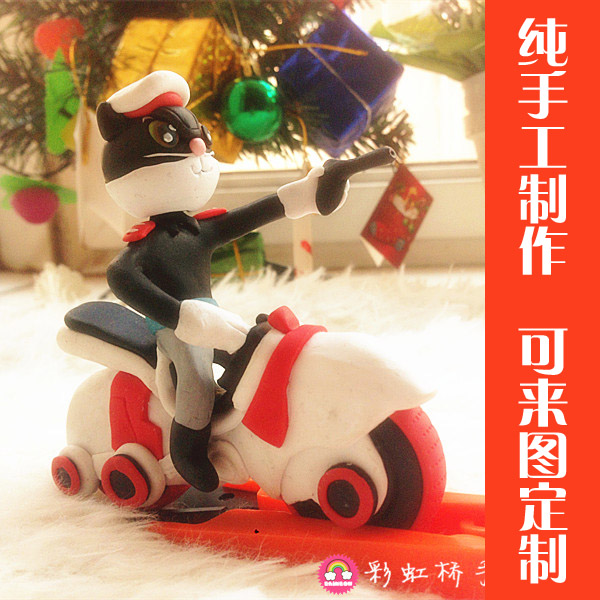 Post-80 Sentiment Nostalgic Black Cat Sheriff's Locomotive Toy Soft Pottery Cake Decoration Swing Decorated with handmade custom