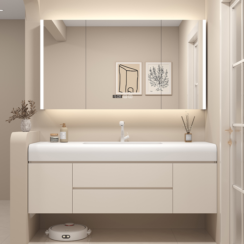 Dupont Corian Integrated Basin Bathroom Cabinet Combination Modern Cream Style Bathroom Sink Hand Wash Basin Cabinet