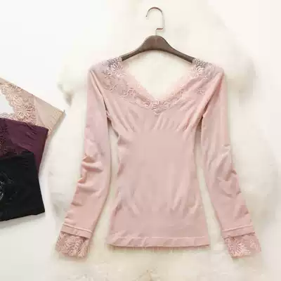 Autumn and winter thin women's hot clothes lace cuffs V neck knitted base shirt one-piece top modal autumn clothes