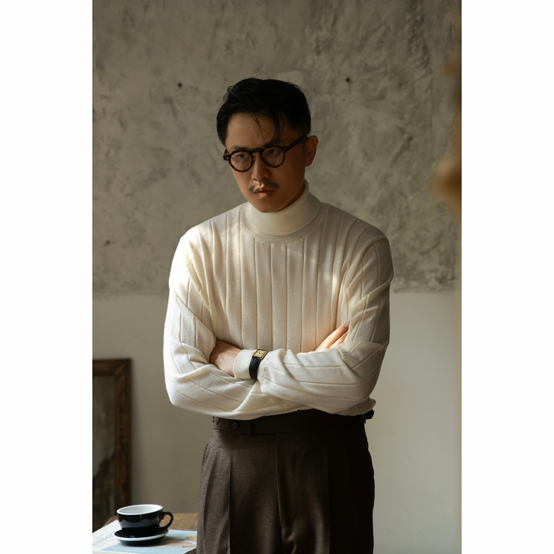 Ugentle Men's Clothing 100% Merino Wool'Snow White' Autumn and Winter Vintage Ribbed Turtleneck Sweater