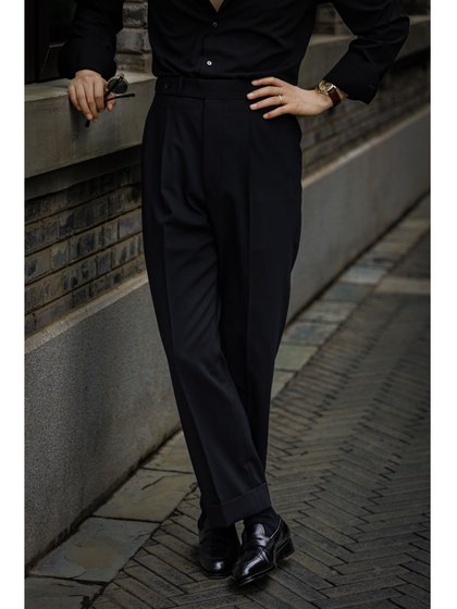 UGENTLE男装 全羊毛高定工艺 雅致黑 意式复古那不勒斯高腰男西裤