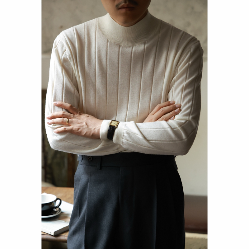 Ug Men's Clothing 100% Merino Wool'Soft Mist White' German Yangzi Yarn Vintage Ribbed Half-Turtleneck Sweater Ug Men's Clothing 100% Merino Wool'Soft Mist White' German Yangzi Yarn Vintage Ribbed Half-Turtleneck Sweater