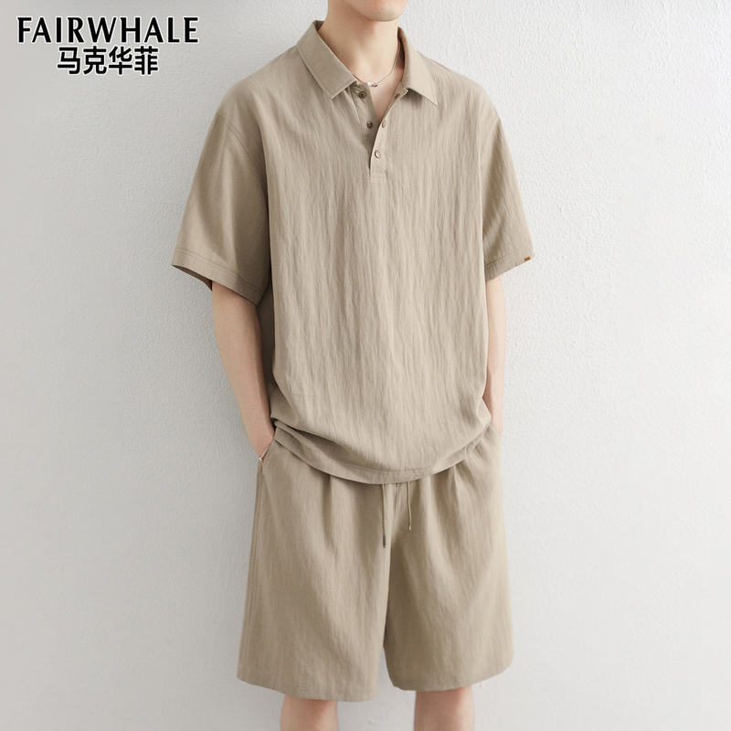 Mark Fairwhale Trendy Brand Old Money Style Linen Short-Sleeve Polo Shirt Set for Men, Summer Casual Shorts Complete Set