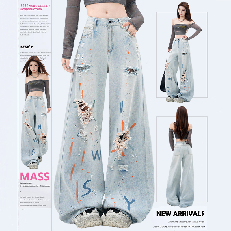 Mass American-Style Graffiti Ripped Wide-Leg Jeans for Women 2026 Spring New High-Waisted Loose Slimming Retro Long Pants