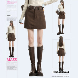 Mass Melard Coffee Color A-Line Skirt for Women 2025 Autumn New Vintage High-Waisted Corduroy Bodycon Mini Skirt