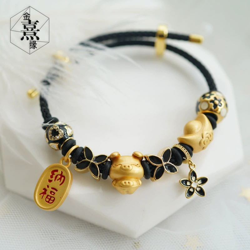 Blessing Pig 12 Zodiac Black đeo được 3D Hard Gold Điều chỉnh Vòng đeo tay Vàng Chuyển hạt DIY Phụ kiện lỏng lẻo Vòng tay hạt - Vòng đeo tay Clasp