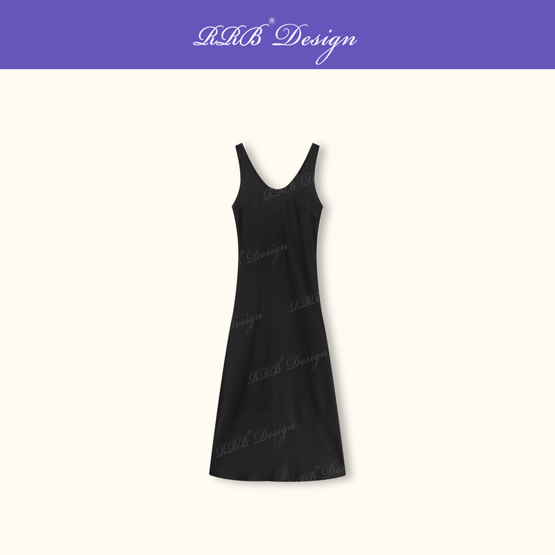 Rrb Design Acetate Blend High-End Black Tank Dress, Elegant Slim-Fit Long U-Neck Dress