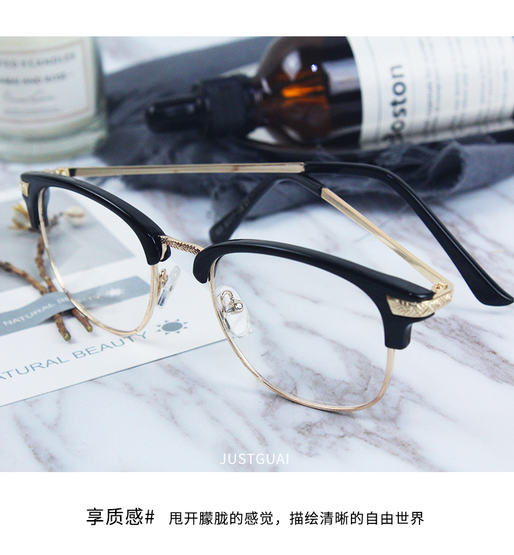 Kính gọng kính gọng kính nửa khung Phiên bản Hàn Quốc mặt tròn thủy triều phẳng có thể trang bị kính cận thời trang nam nữ có thể đeo kính gọng kính nữ kính mắt rayban