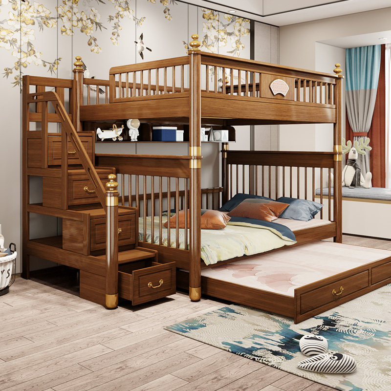 New Chinese-style all solid wood children's bed with the same wide bunk bed light luxury high and low bed American parallel bunk bed for men
