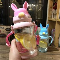 Cute cartoon baby suction tube cup handle strap dual-purpose plastic cup leak-proof kindergarten portable drinking cup creative