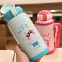  Cartoon childrens primary school student water cup Vacuum stainless steel thermos cup with cup cover anti-fall large capacity drinking water straw cup