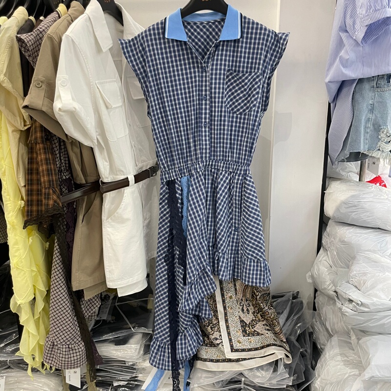 European Style Ll Niche Design Polo Collar Retro Plaid Ruffle Hem Fake Two-Piece Dress Vacation Dress Summer
