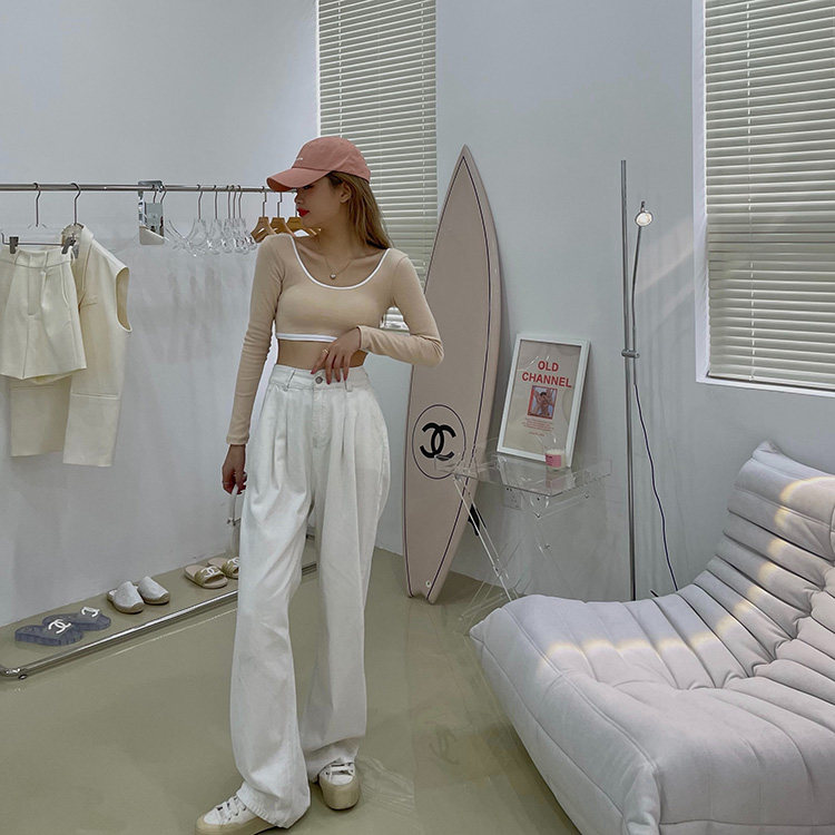 deesssicile 9 folds high waist large legs white tow ground loose straight lap, wide - legged jeans jeans girl