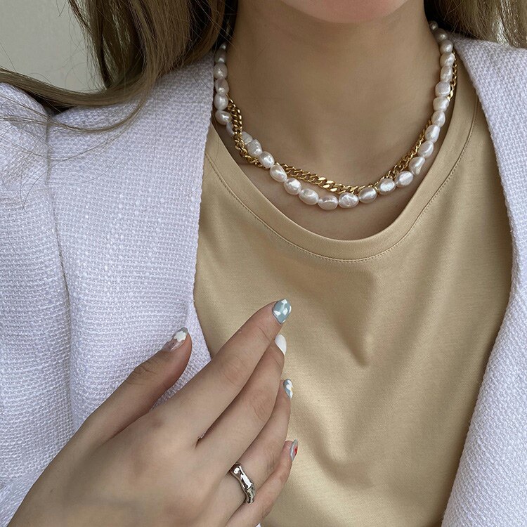 Deessesicile 9 discount European and American minimalist choker coarse chain gold plated necklace splicing pearl lock bone chain woman