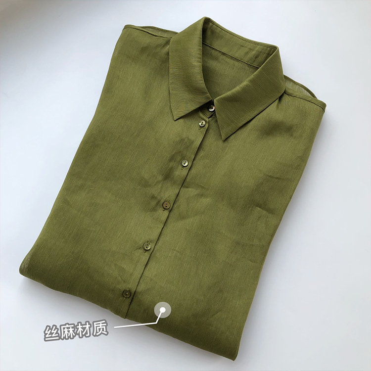 Spanish Niche Designer Style ~ Colors Are Amazing, Loose-Fitting Turn-Down Collar Olive Green Silk Linen Long-Sleeve Shirt for Women