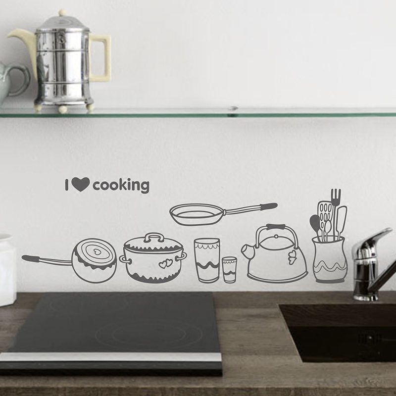 I love cooking all kinds of kitchen utensils wall stickers kitchen restaurant refrigerator cabinet background self-adhesive wall stickers wallpaper decorative painting
