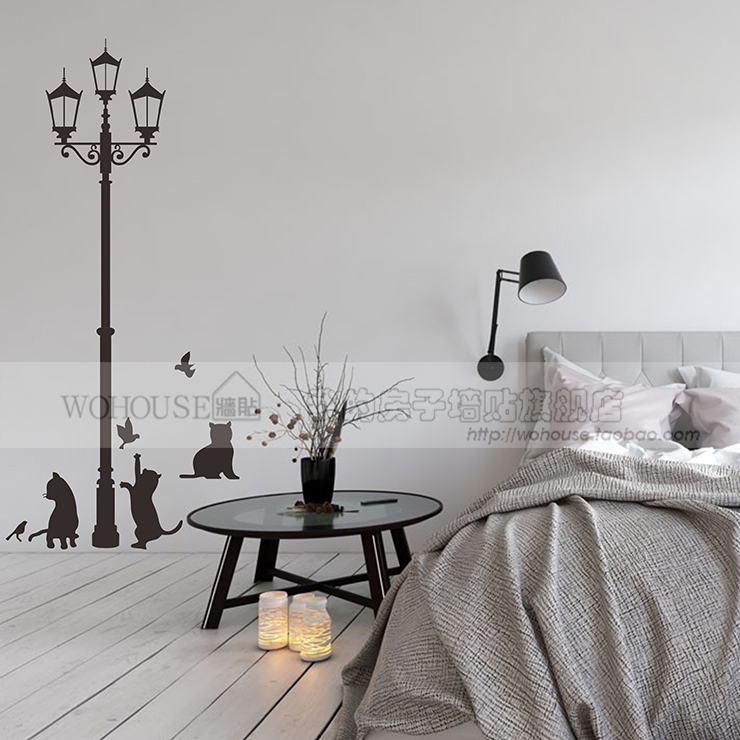 Kitten under the street lamp Cute cat wall sticker Children's room shop window background decorative glass stickers