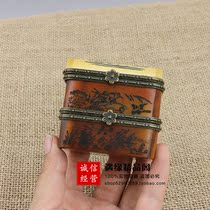 Antique made old old bull bone double layer first decorated box seal engraving flowers and birds Millerve ancient play decoration high 6 1cm