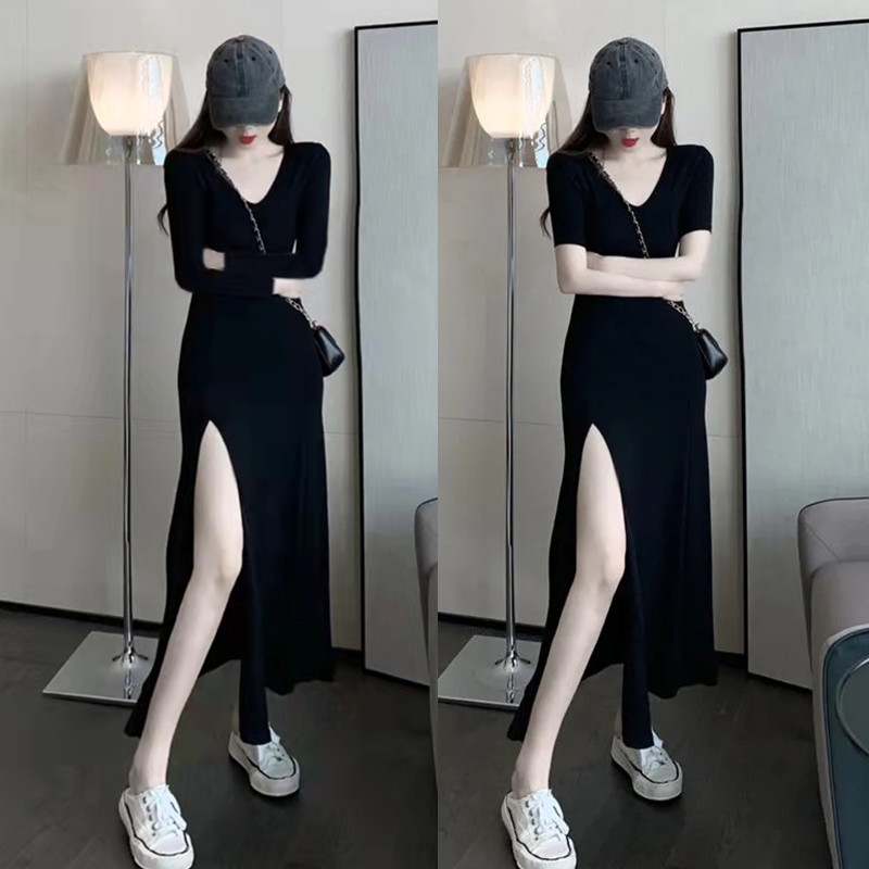 Dress 2026 Spring/Summer New Style Slimming Elegant Modal V-Neck Deep Slit Long Base Dress Slimming Little Black Dress