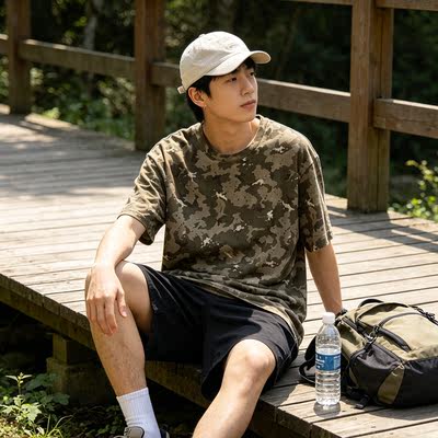 Men's loose American distressed camouflage all-cotton half-sleeved versatile basic short-sleeved breathable heavy cotton casual top