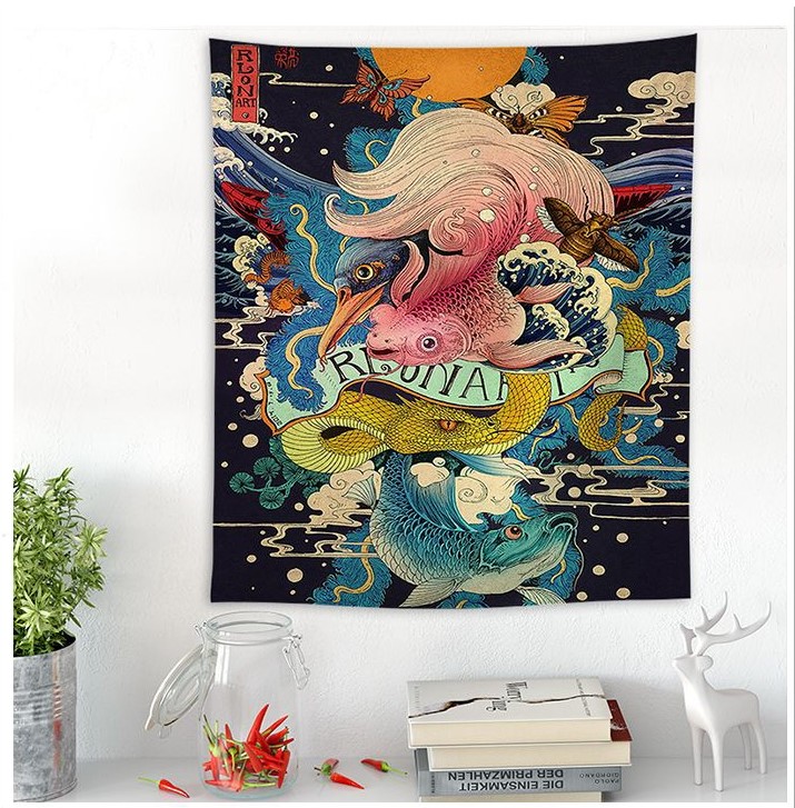 Cá biển phong cách Nhật Bản ukiyo-e sơn tường trang trí treo tường ký túc xá trang trí nhà tấm thảm treo vải nền vải thảm tròn trang trí