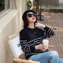 Zhao style fashionable basic lazy casual French splicing design stripe loose soft waxy skin-friendly cashmere sweater