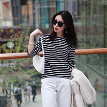 Zhao type dont see or not scattered high-branch Fine Cotton comfortable spirit one-character round neck seven-point sleeve striped T-shirt