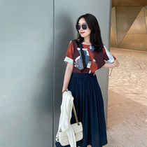 Zhao style art department oil painting shape elegant color block silk short sleeve pullover shirt printed round neck T-shirt