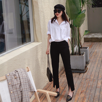 Zhao style God pants grade Japanese heavyweight elastic triacetic acid classic thin fashionable nine-point straight slit pants