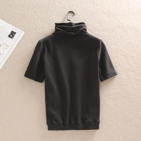 Spring and Autumn Korean Style Medium Sleeve Large Size Bottoming T-Shirt Women's Turtleneck Pure Cotton Brushed Short Simple Solid Color Top Small Shirt