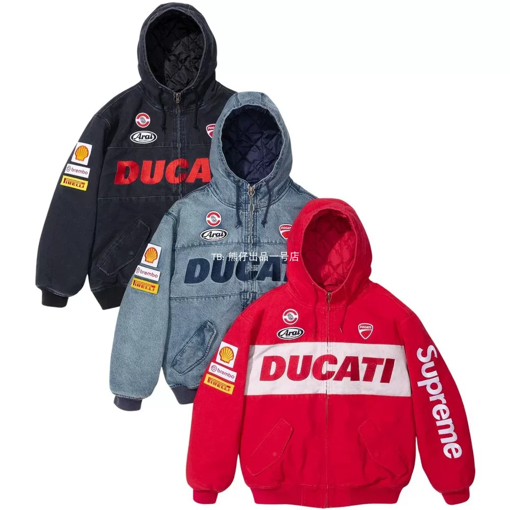 Пуховик Honda? Actually jacket: "British Supreme/DUCATI HOODED RACING JACKET long -sleeved hooded jacket multi -color" -> "Британский Supreme / DUCATI куртка-парка с капюшоном гоночная куртка с длинными рукавами, многоцветная"