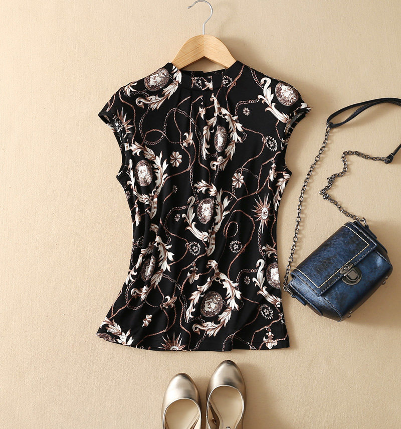 New color temperament stand collar small sleeve 100% silk double knit silk short sleeve T-shirt jacket