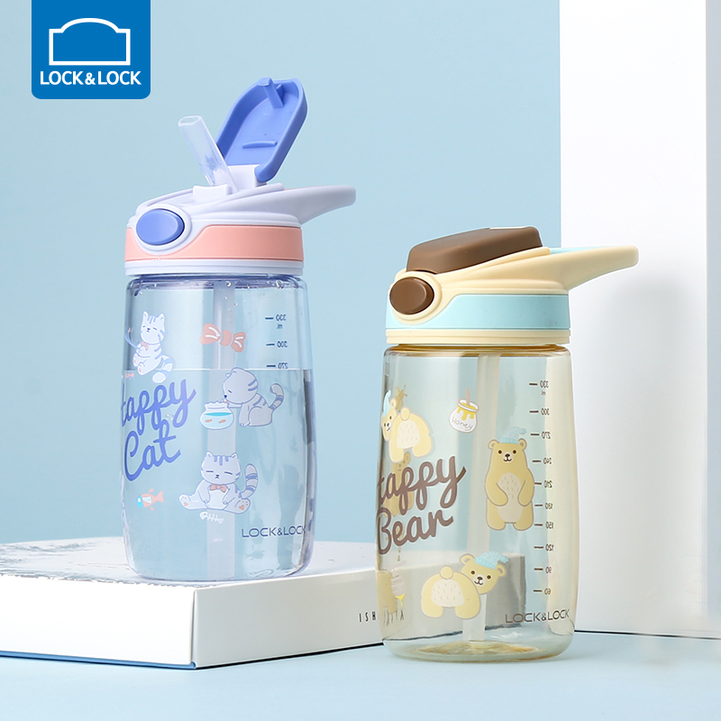 Lock and lock children's straw portable water cup with scale kindergarten silicone sports leak-proof baby cute cup