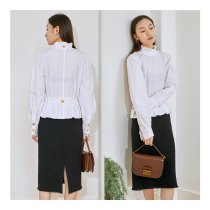 mytopbuyer French retro wooden hem top autumn bubble sleeve long sleeve white shirt female design sense minority