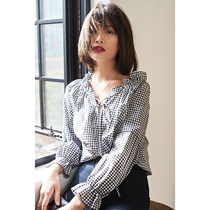 topbuyer autumn black and white plaid shirt women playful romantic French design sense wild loose cotton top